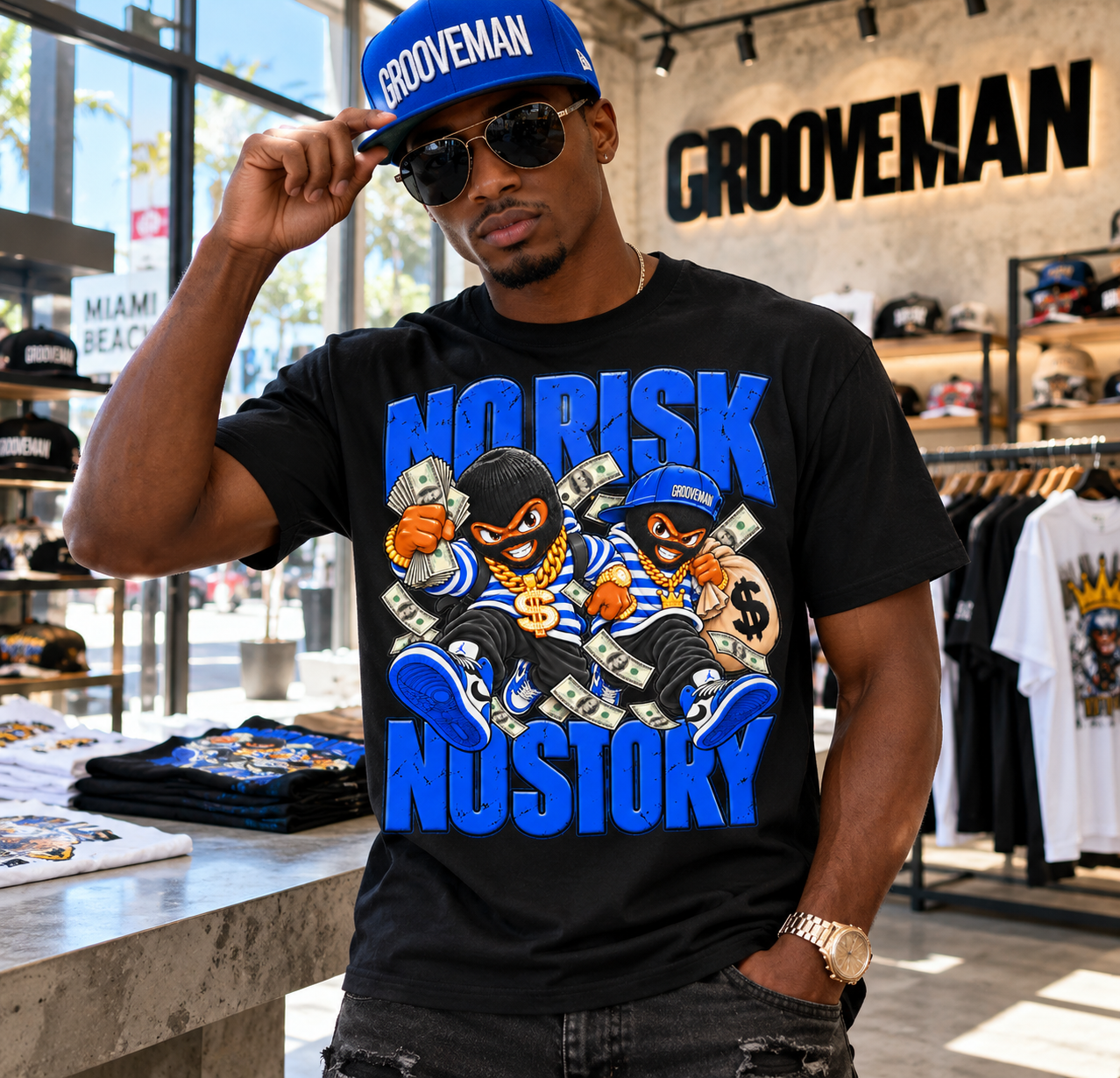 No Risk No Story Royal Blue Graphic T-Shirt – Streetwear Made to Match