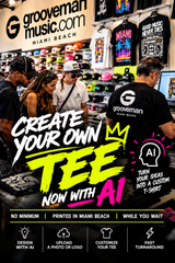 Grooveman Music custom T-shirt printing in Miami Beach featuring AI-powered T-shirt design, personalized graphics, photo and logo uploads, and high-quality same-day printing while you wait.