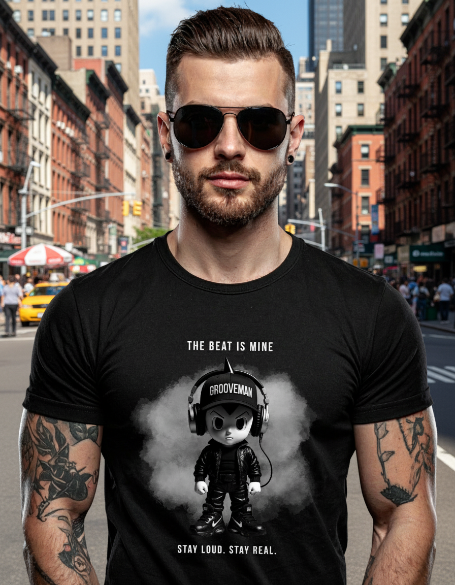 Man wearing a black t-shirt with a graphic design and text, against a dark background