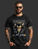 Man wearing a black t-shirt with a graphic design of a bear and text on a gray background