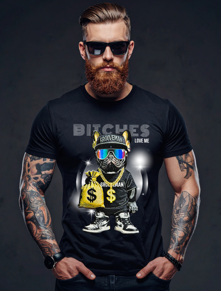 Man wearing a black t-shirt with a graphic design and text on a dark background