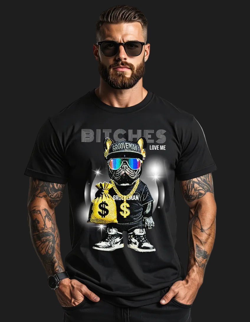 Man wearing a black t-shirt with graphic design and text