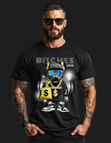 Man wearing a black t-shirt with graphic design and text