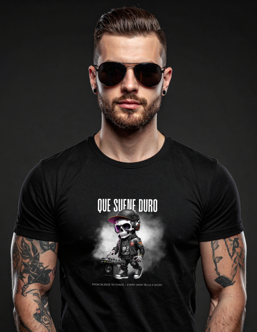 Man wearing a black t-shirt with a graphic design and text on a dark background