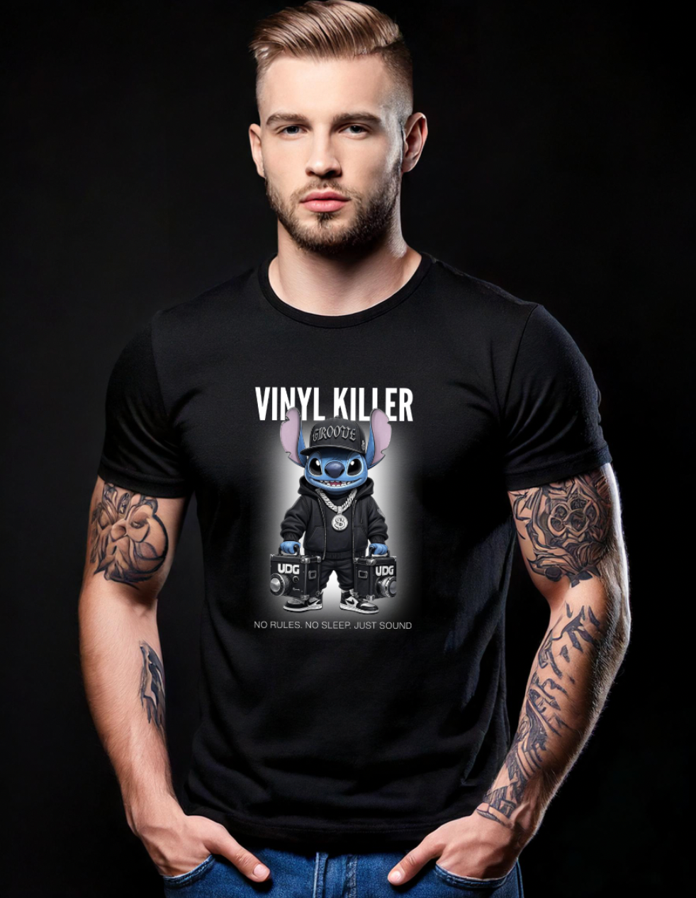 Man wearing a black t-shirt with 'Vinyl Killer' graphic design on a dark background