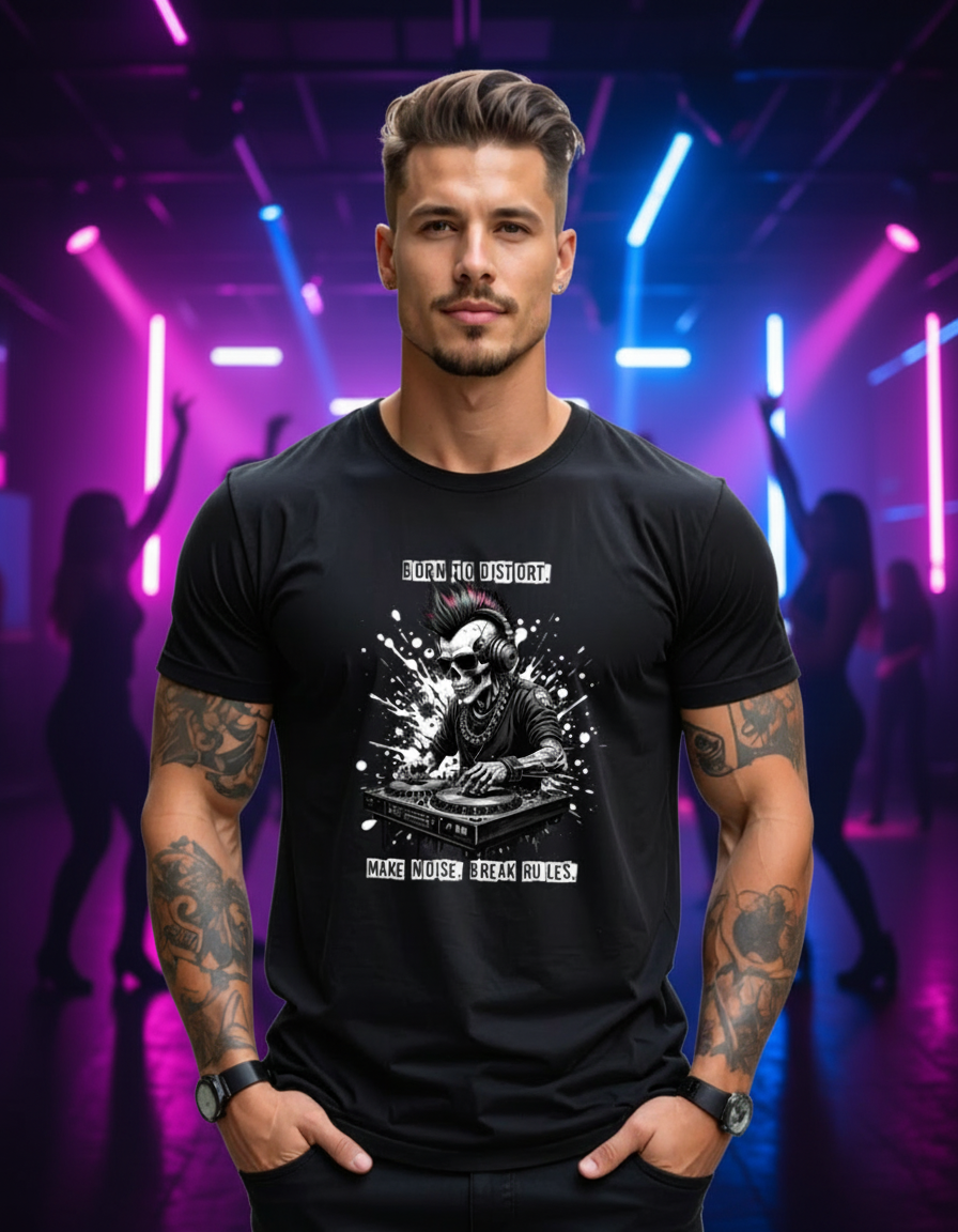 Man wearing a black t-shirt with a graphic design on a city street