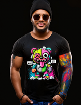 Man wearing a black t-shirt with a colorful graphic design on a black background