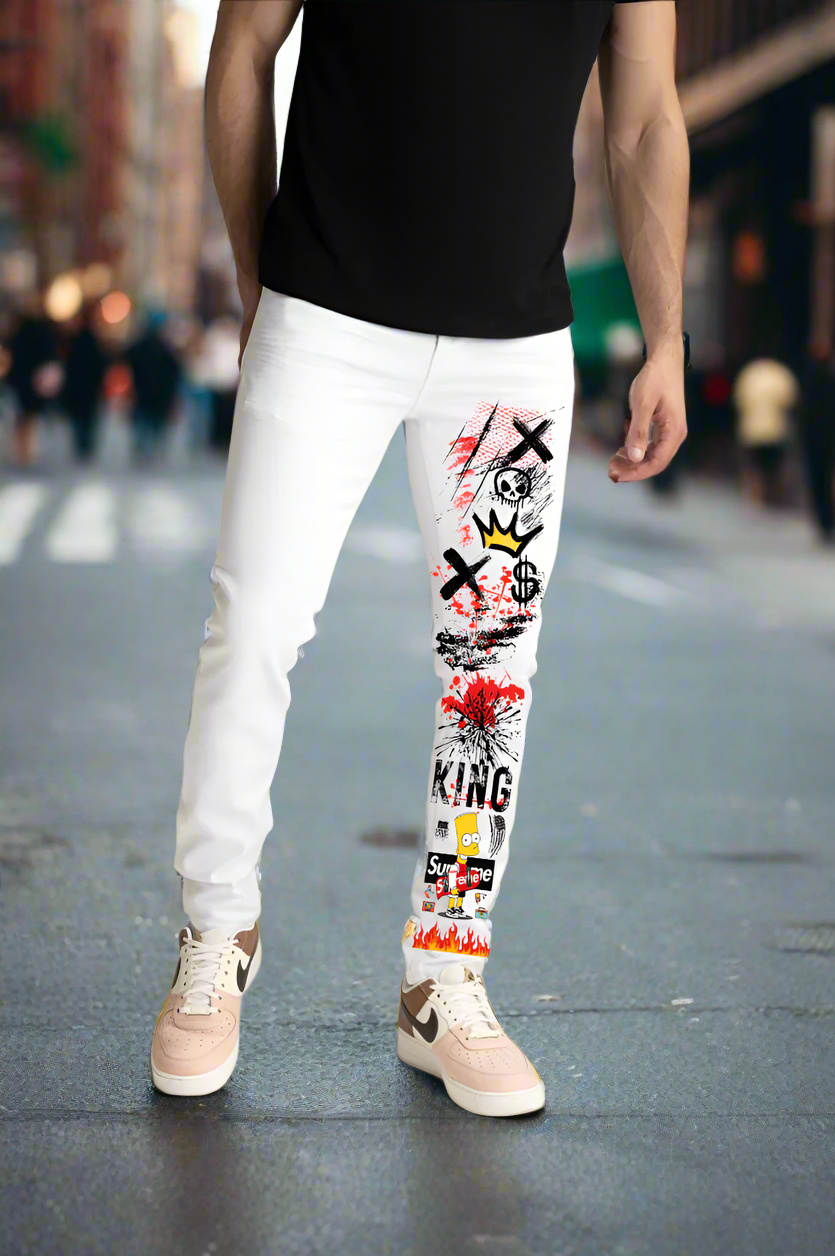 Person wearing white jeans with colorful graphic designs on a neutral background
