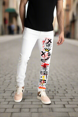 Person wearing white jeans with colorful graphic designs on a neutral background