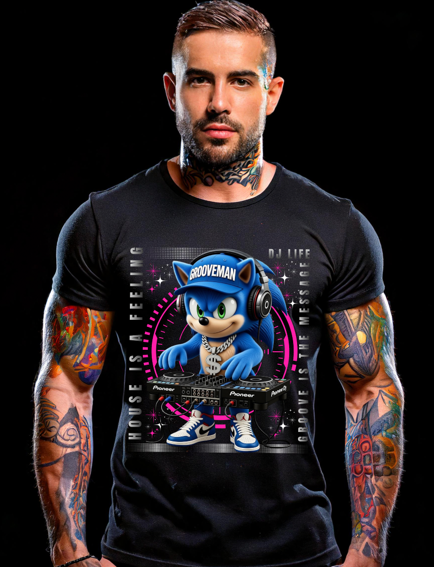 Man wearing a black t-shirt with a graphic of a blue character on a black background