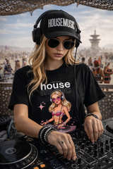 DJ wearing a 'House Music' t-shirt and cap, with a crowd in the background.