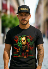 Man wearing a black t-shirt with a graphic design and a cap in an urban setting with palm trees and buildings.