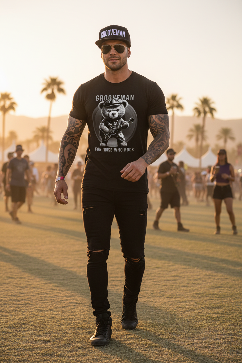 Black t-shirt with teddy bear graphic and text on a wooden hanger against a dark background
