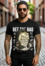 Man wearing a black t-shirt with a graphic design and text, standing against a plain background.