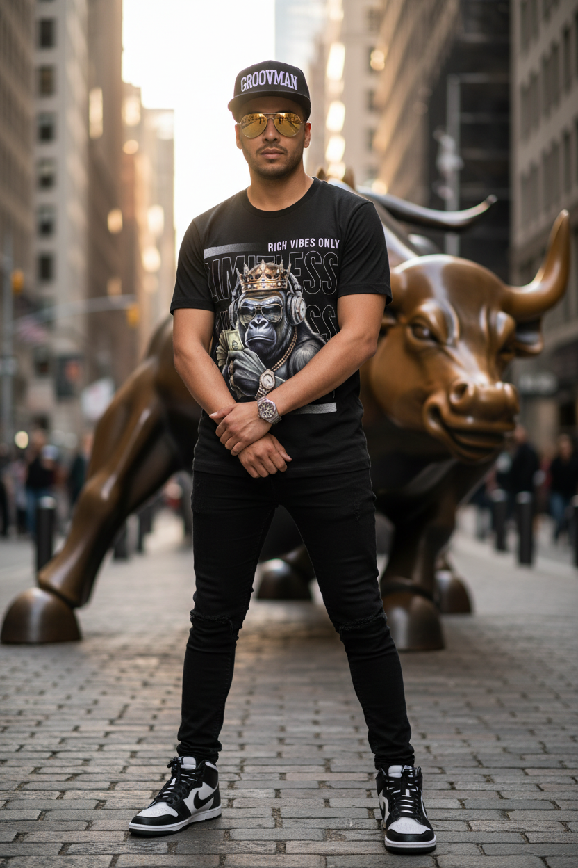 Black t-shirt with a graphic of a monkey wearing a crown and holding money, text 'Rich Vibes Only Limbless Limbs King of Cash' on a dark background.