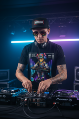 Black t-shirt with a colorful graphic of a character playing a keyboard on a hanger against a dark background