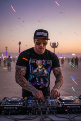 Black t-shirt with a colorful graphic of a character playing a keyboard on a hanger against a dark background