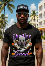 Man wearing a black t-shirt with a graphic design, sunglasses, and a cap with palm trees and buildings in the background.