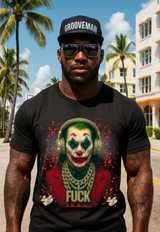 Person wearing a black t-shirt with a colorful graphic design outdoors.