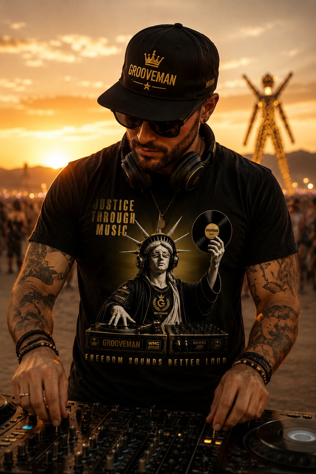 DJ at sunset with tattoos and a 'Grooveman' cap, wearing a t-shirt with a graphic design.