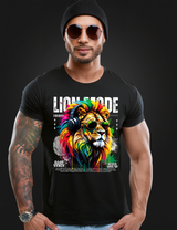 Man wearing a black t-shirt with a colorful lion graphic and text on a dark background