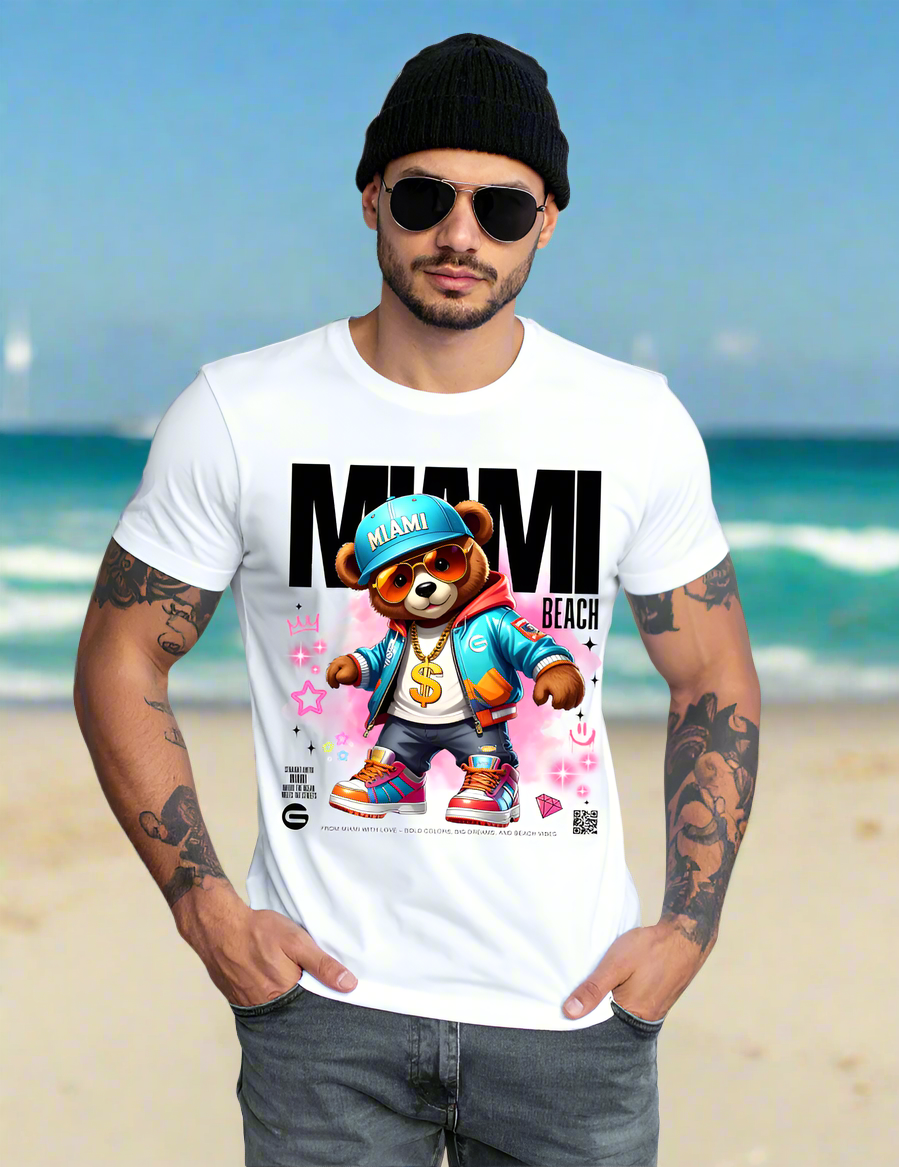 Man wearing a white t-shirt with a bear graphic and 'Miami Beach' text, standing against a light gray background.