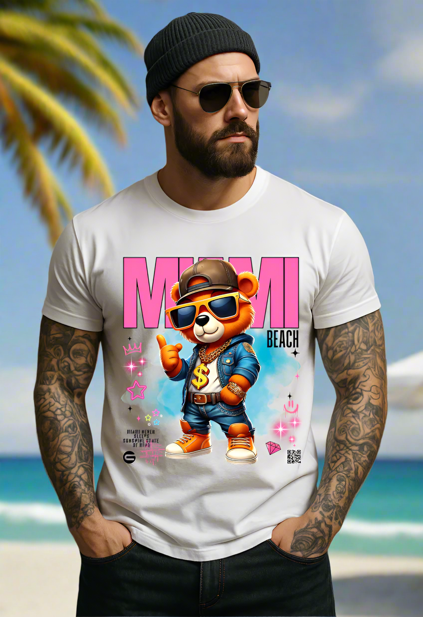 Man wearing a white t-shirt with a colorful graphic of a bear and 'Miami Beach' text.