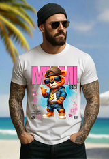 Man wearing a white t-shirt with a colorful graphic of a bear and 'Miami Beach' text.