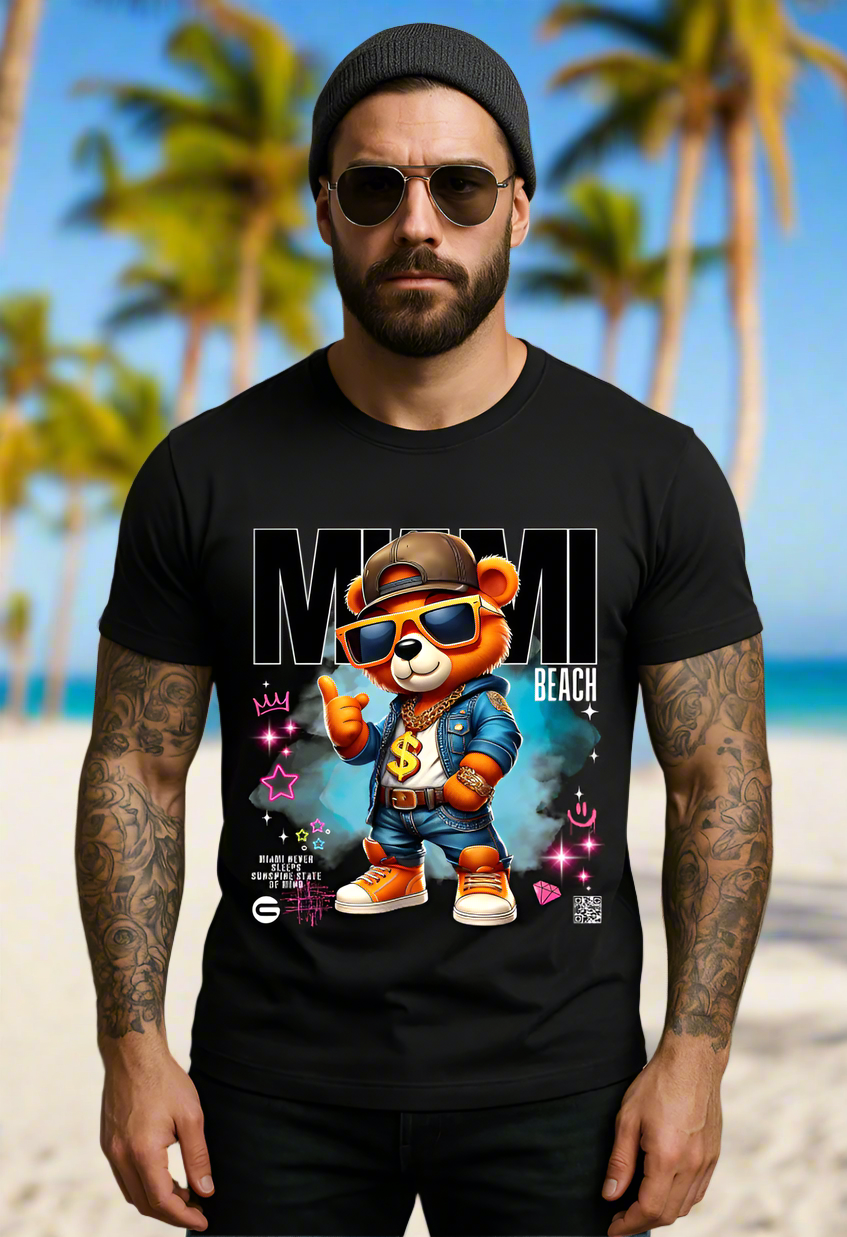 Man wearing a black t-shirt with a colorful graphic of a bear and text.