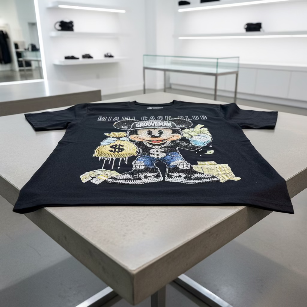 Black t-shirt with a graphic design of a character holding money on a light gray background