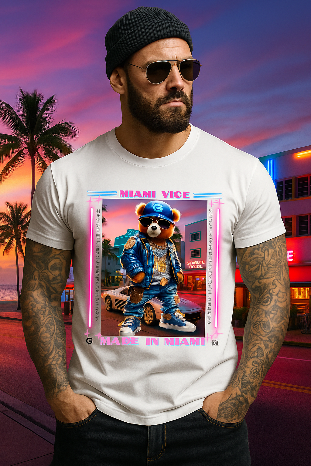 Grooveman™ Miami Vice Ocean Drive Graphic Tee | Iconic Ferrari & Neon Vibes