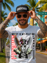 Man wearing a 'Grooveman' cap and t-shirt with a graphic design on a street with palm trees.