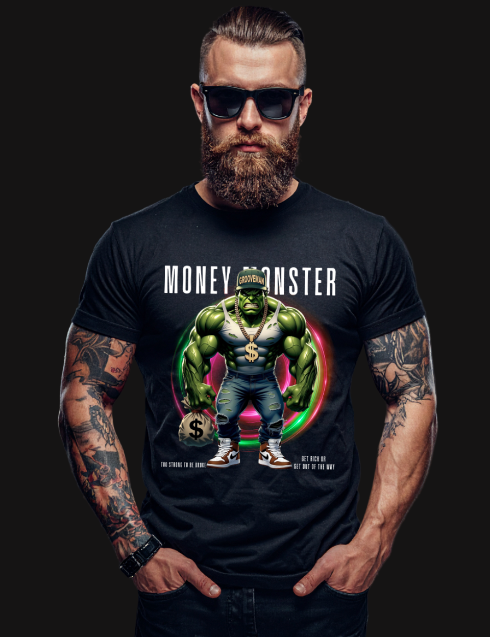 Person wearing a black t-shirt with a graphic of the Hulk and text 'Money Monster' on a dark background.