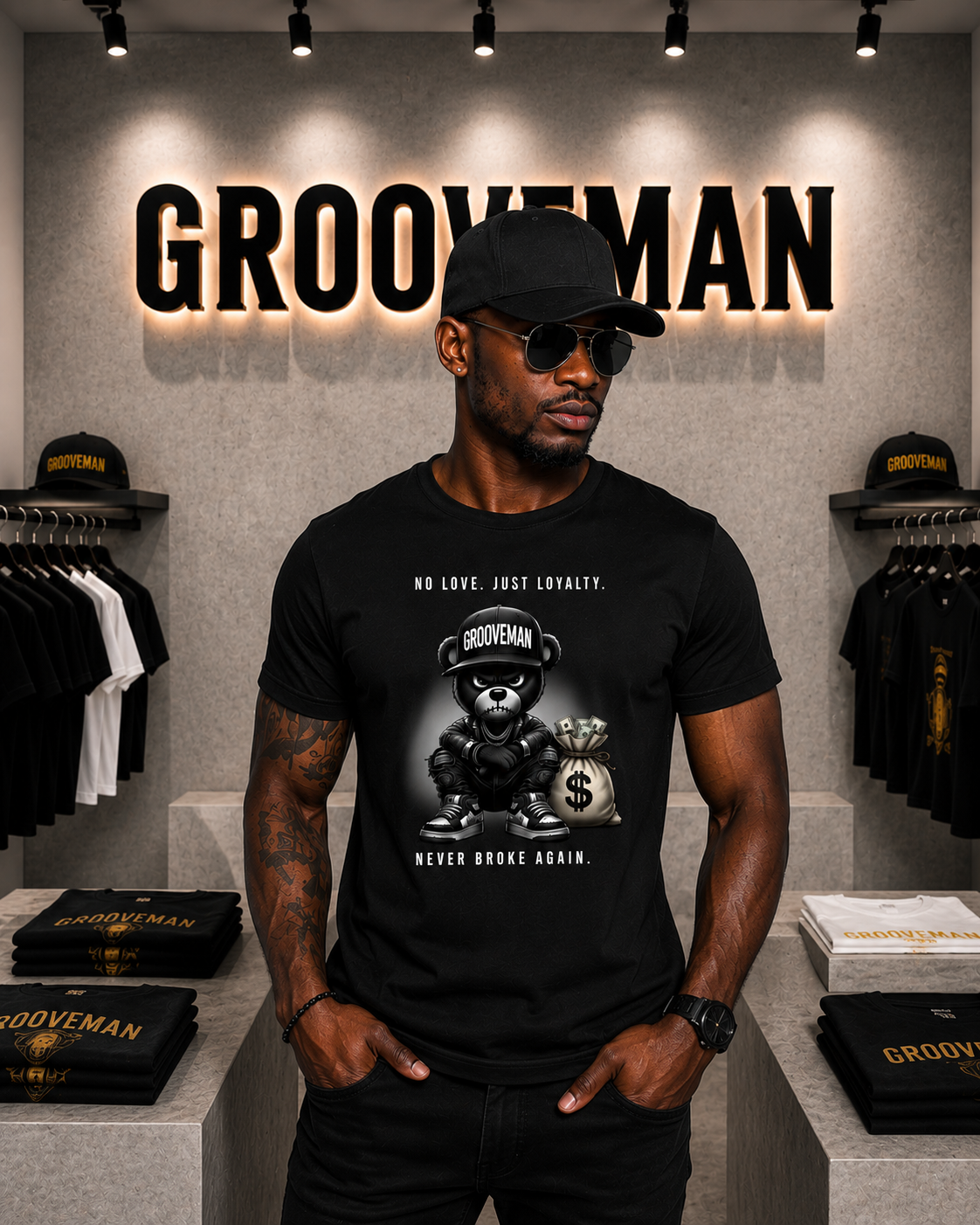 Man wearing a black t-shirt with a graphic design in a store with 'Grooveman' branding.