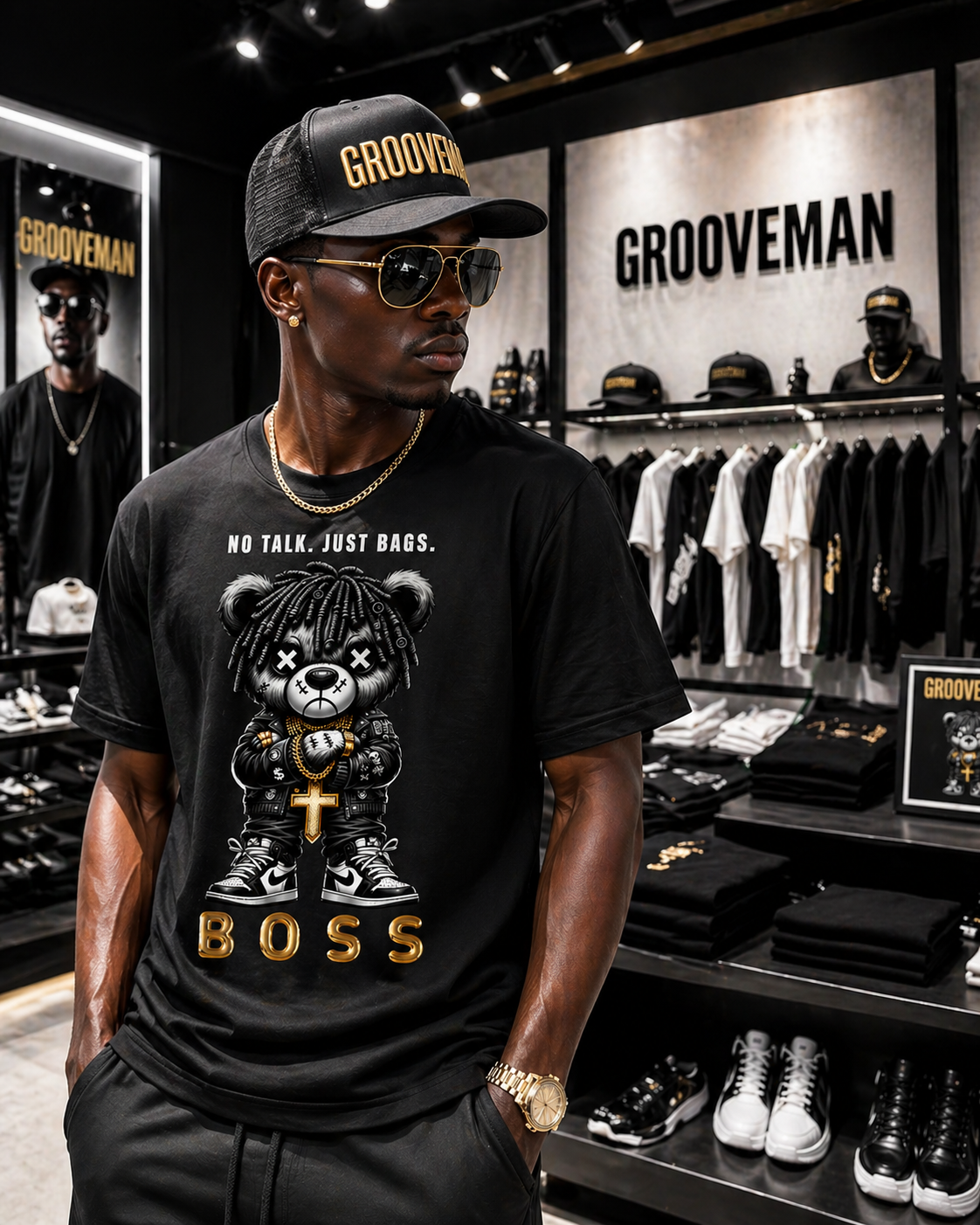 Man wearing a black t-shirt with a graphic design in a store setting