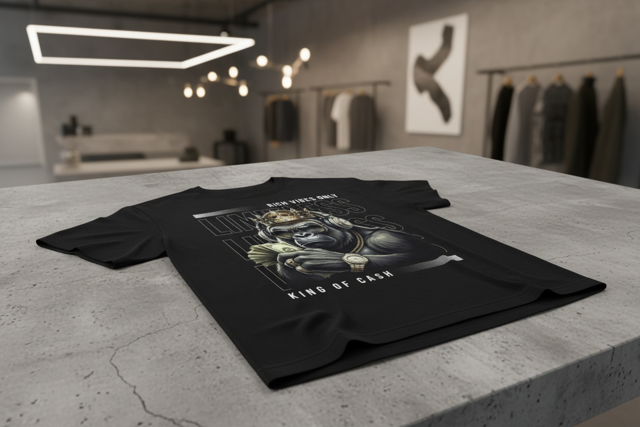 Black t-shirt with a graphic of a monkey wearing a crown and holding money, text 'Rich Vibes Only', 'Limousine Lifestyle', 'King of Cash' on a dark background.