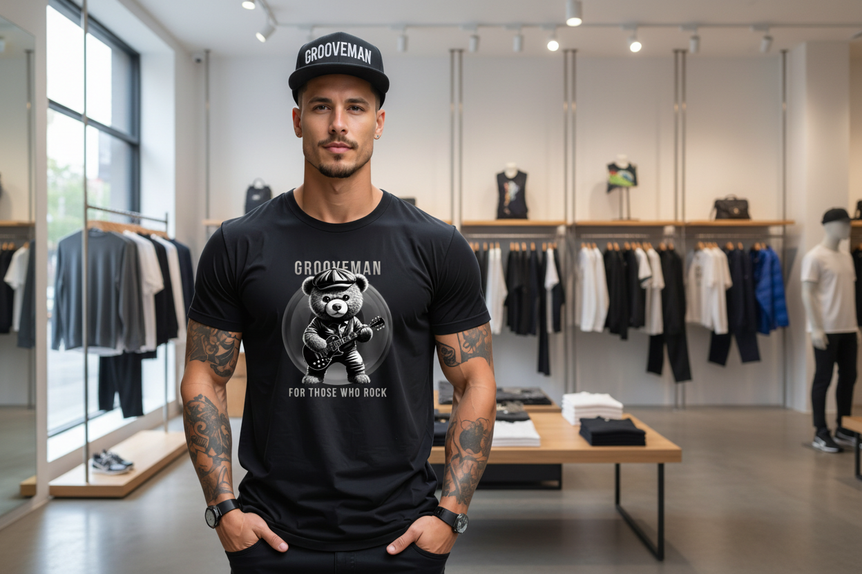 Man wearing a black t-shirt with a bear graphic and text on a city street.