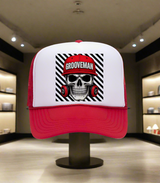 Trucker hat with skull design and 'Grooveman' text on a white background