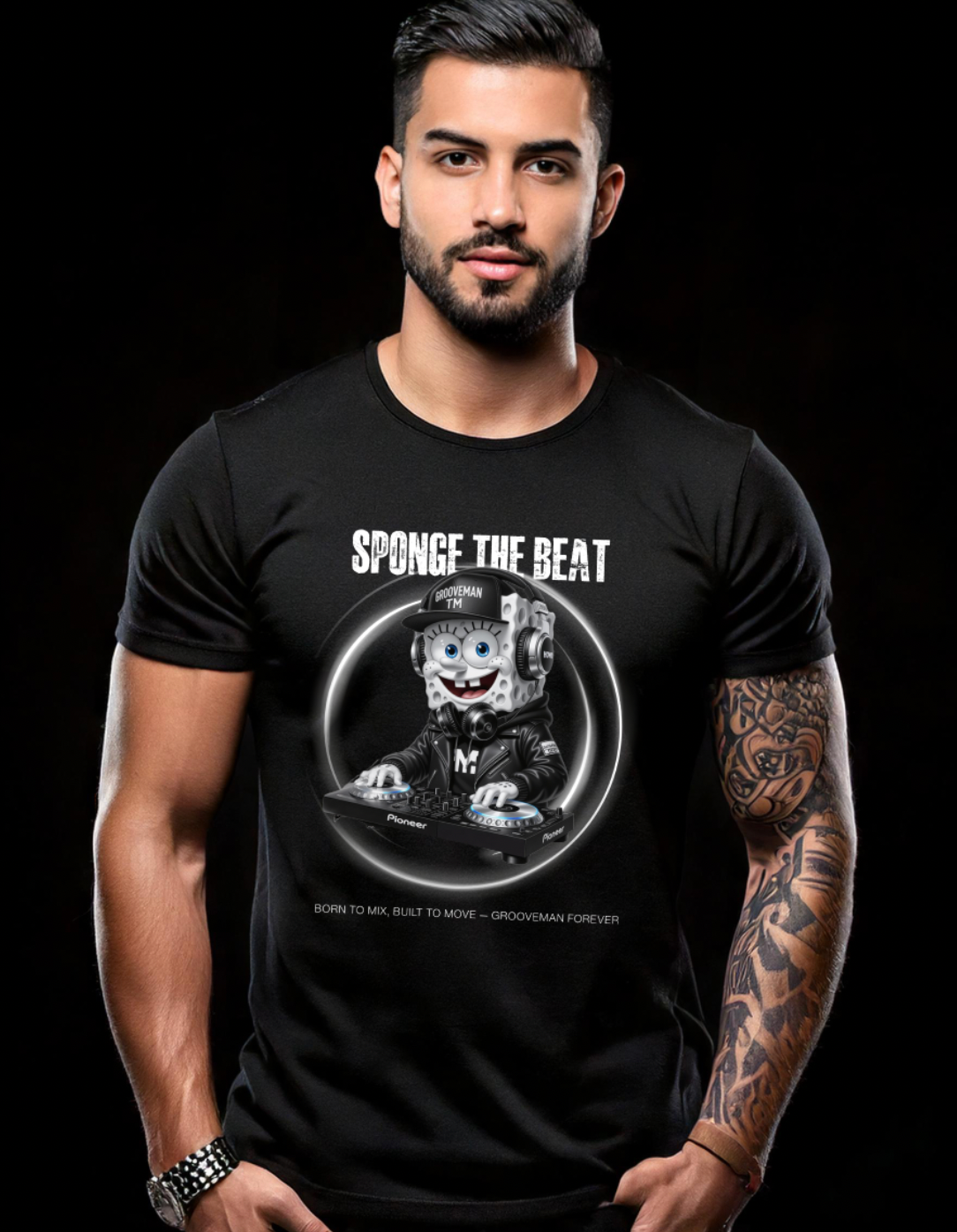 Man wearing a black t-shirt with 'Sponge the Beat' design on a black background