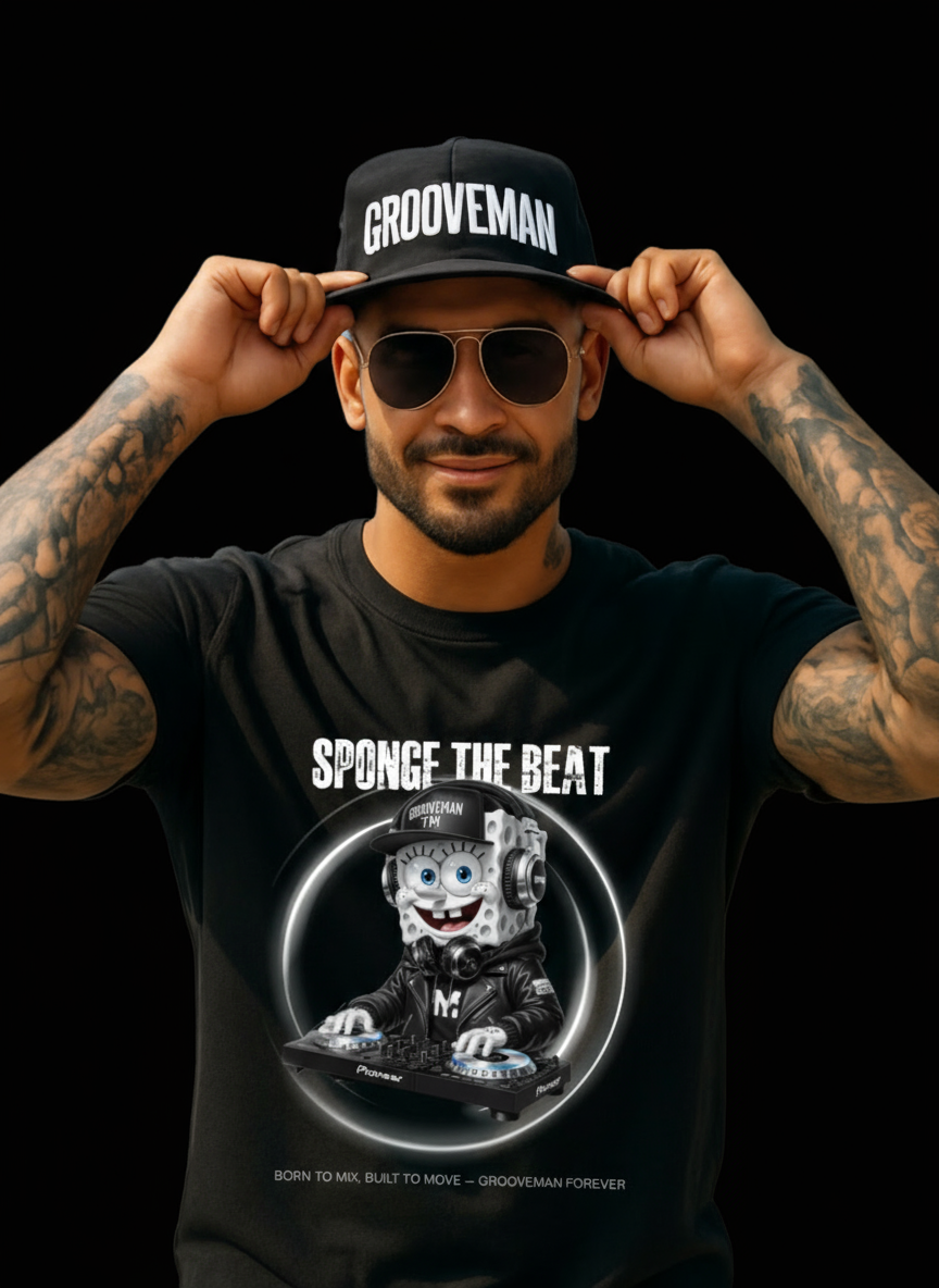 Man wearing a black t-shirt with 'Sponge the Beat' design and 'Grooveman' cap, palm trees and buildings in the background.
