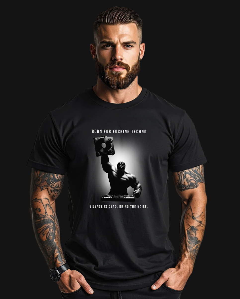 Man wearing a black t-shirt with graphic design and text on a white background