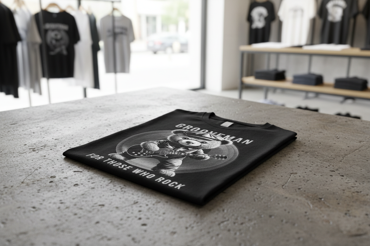 Black t-shirt with teddy bear graphic and text on a wooden hanger against a dark background