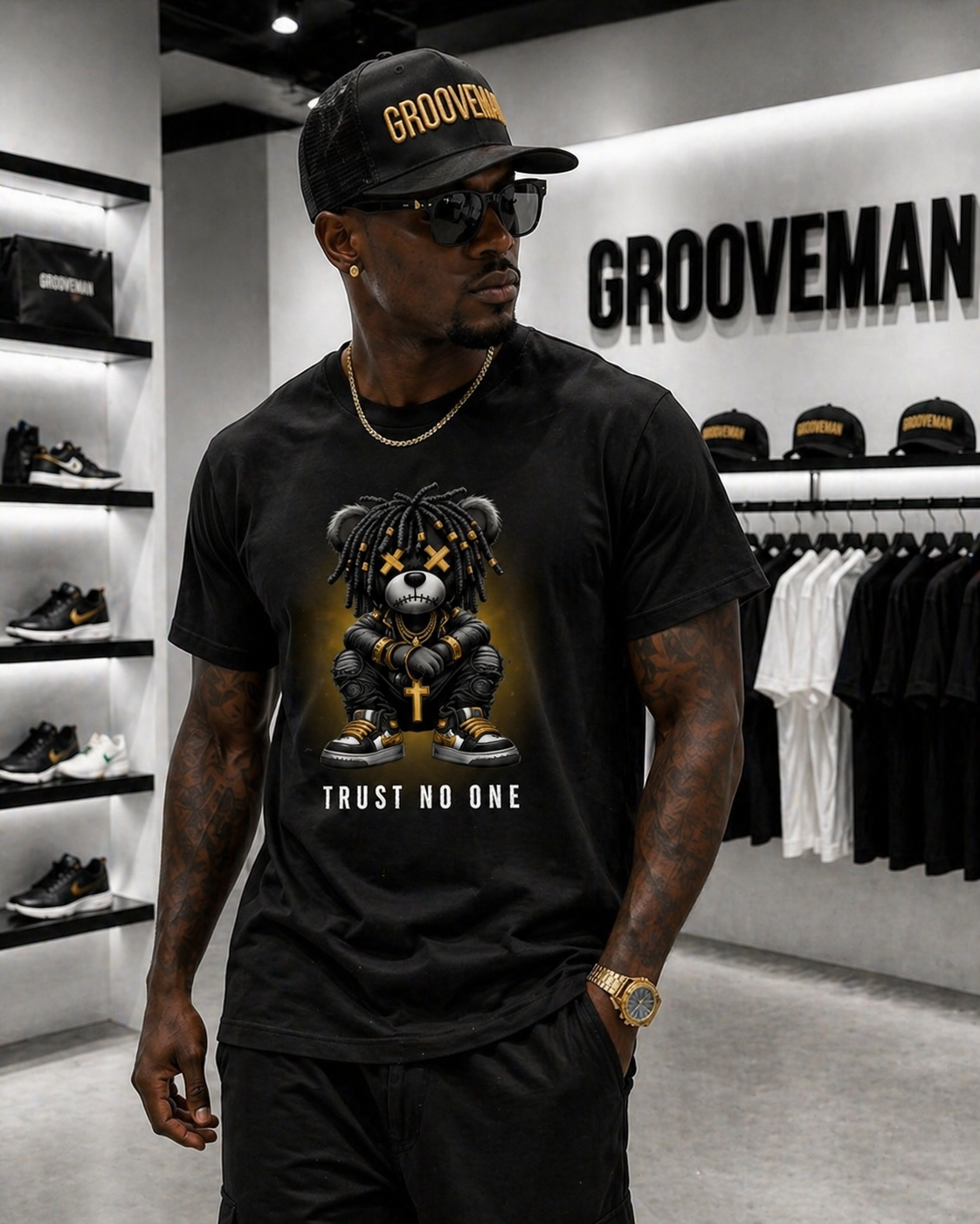 Man wearing a black t-shirt with a graphic design and text, standing in a store with 'Grooveman' branding.