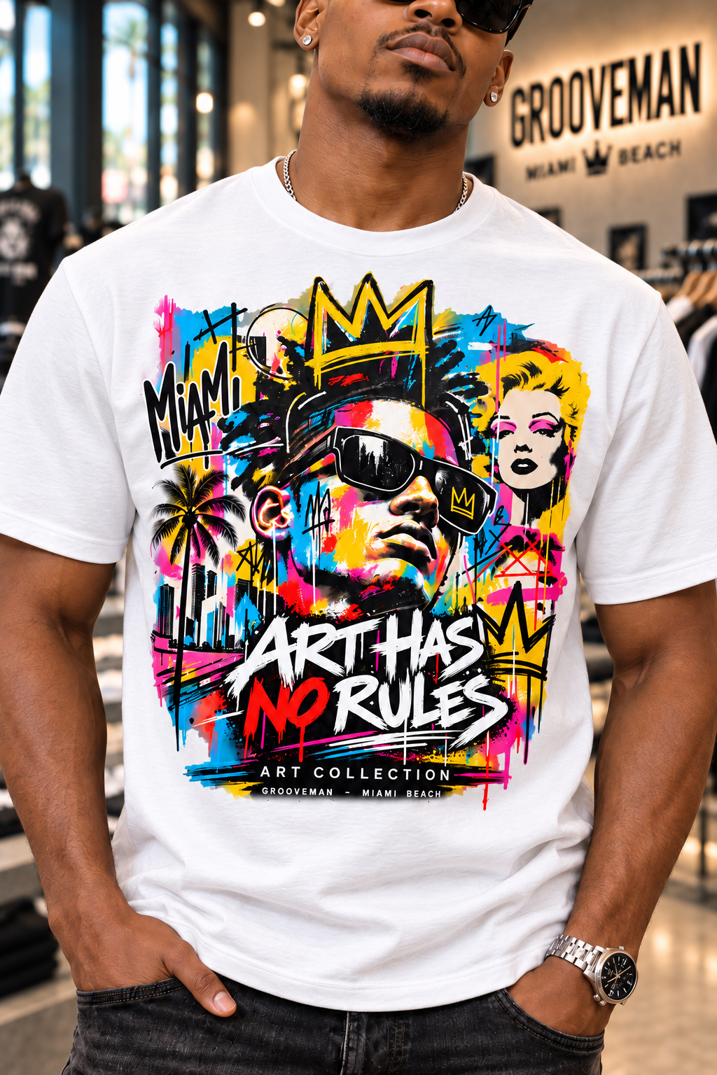 Close-up of the white Art Has No Rules Miami graffiti T-shirt showing cyan, pink, yellow and red artwork.