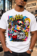 Close-up of the white Art Has No Rules Miami graffiti T-shirt showing cyan, pink, yellow and red artwork.
