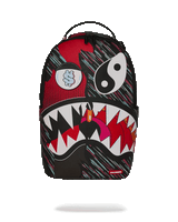 Backpack with a cartoonish shark design on a white background