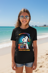 Black t-shirt with Snoopy graphic and text on a hanger against a dark background