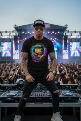 Black t-shirt with a cartoon character DJing on a hanger against a dark background