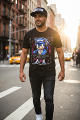 Black t-shirt with a graphic of a blue character DJing on a hanger against a dark background