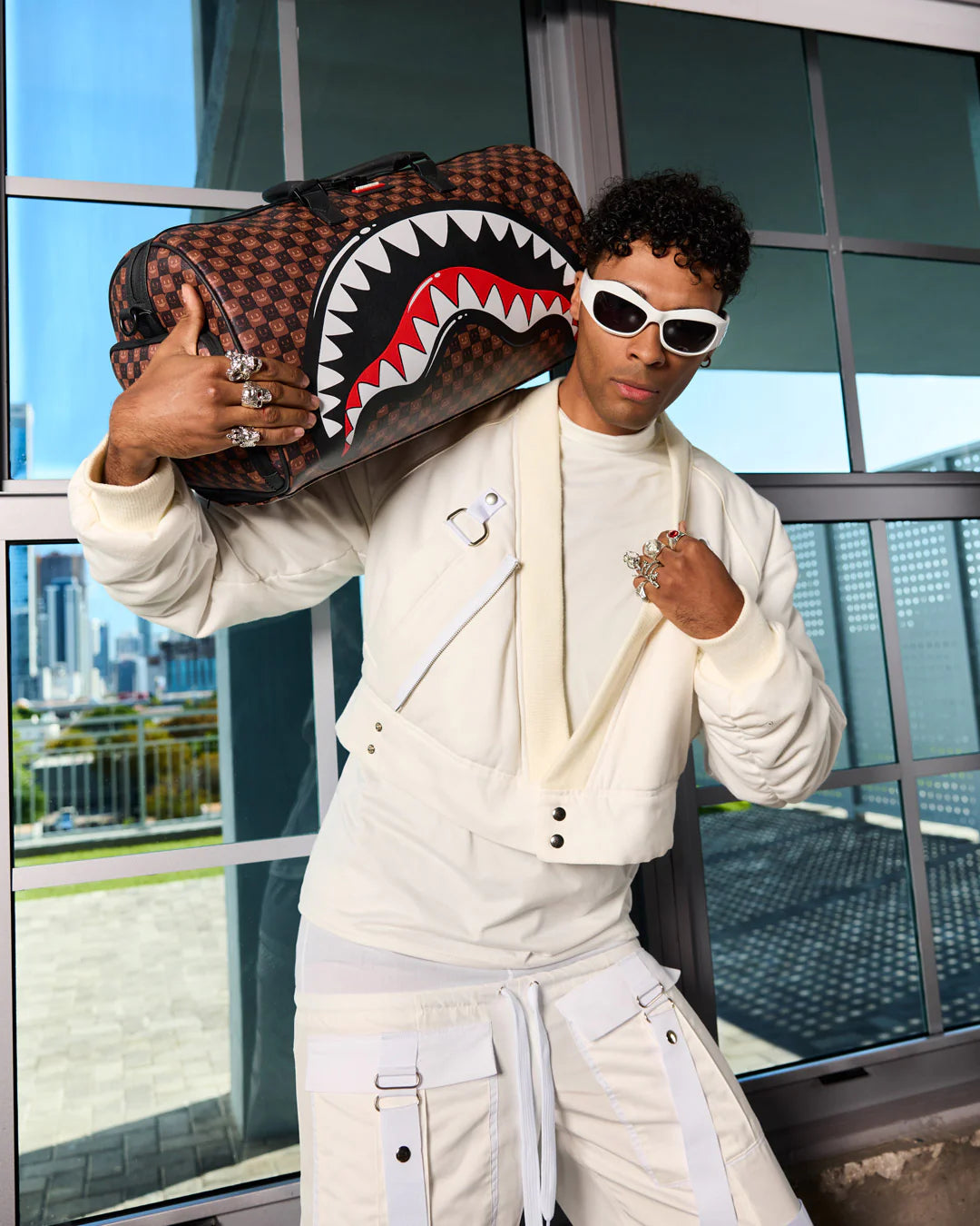 Sprayground  | Shark in Paris WTF Bubbly Brown Check Large Duffle